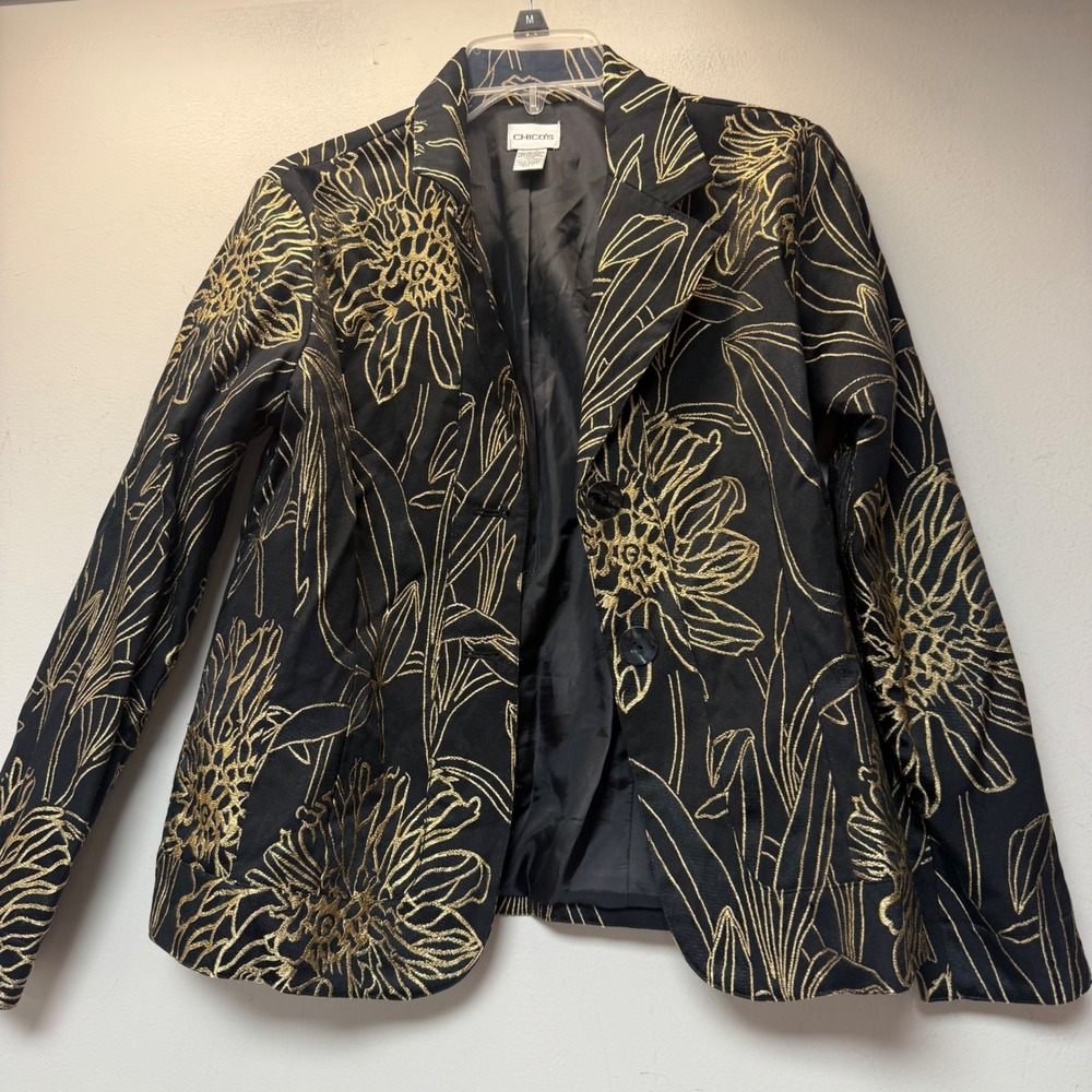 Chico's Blazer Women 1 Small Black Gold Excellent Floral Metallic Embroidered